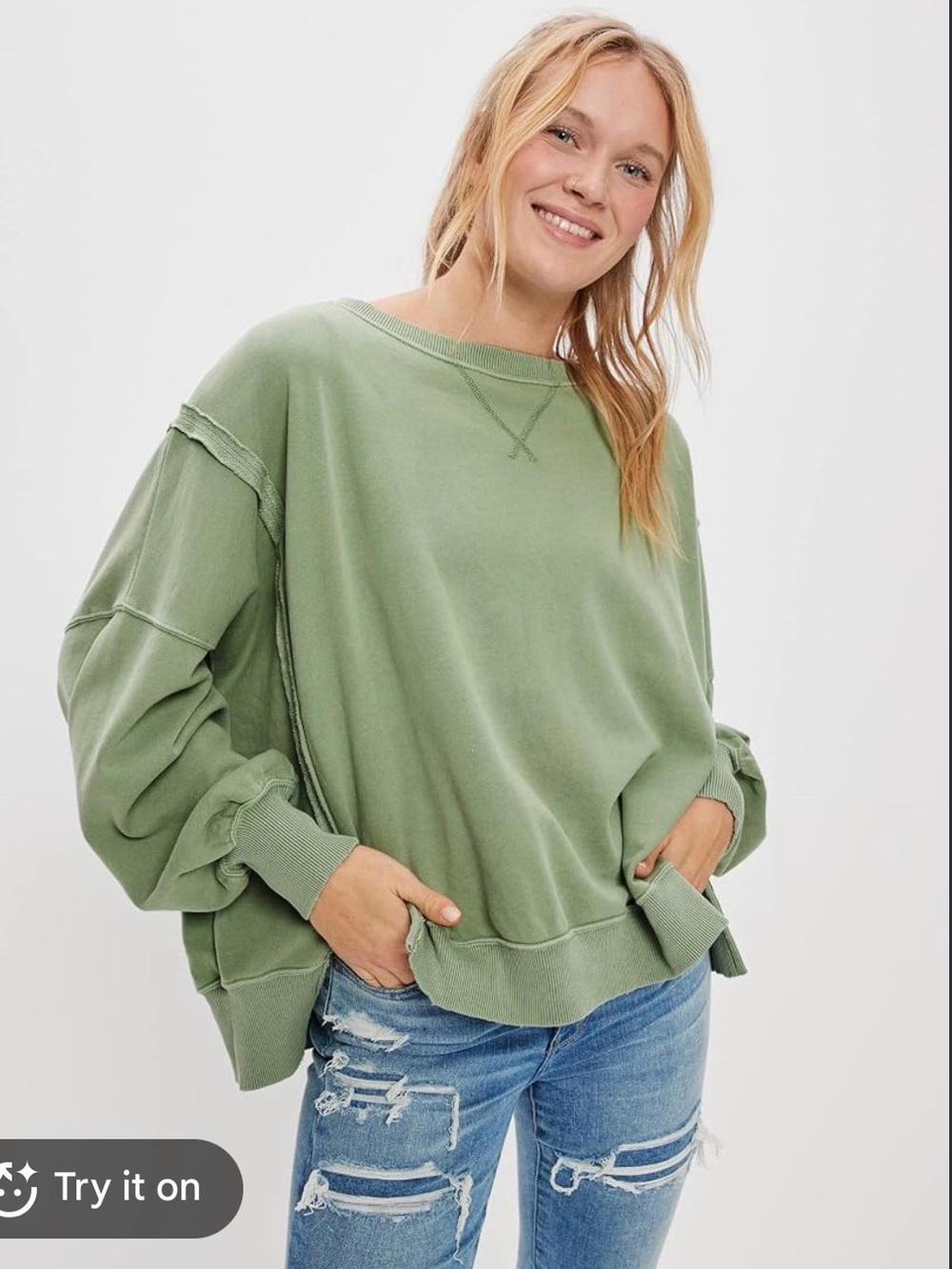 American Eagle Big Hug Crewneck Oversized Sweatshirt Size XS Green